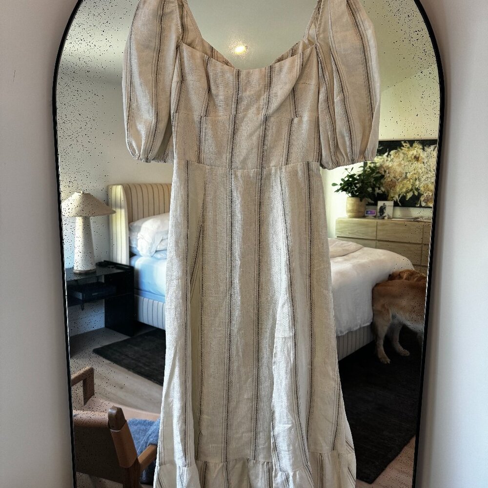 Reformation Stripe Linen Puff Sleeve Dress Size 0